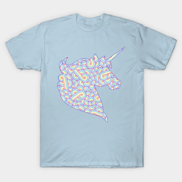 Rainbow and white swirls doodles Unicorn head T-Shirt by Savousepate